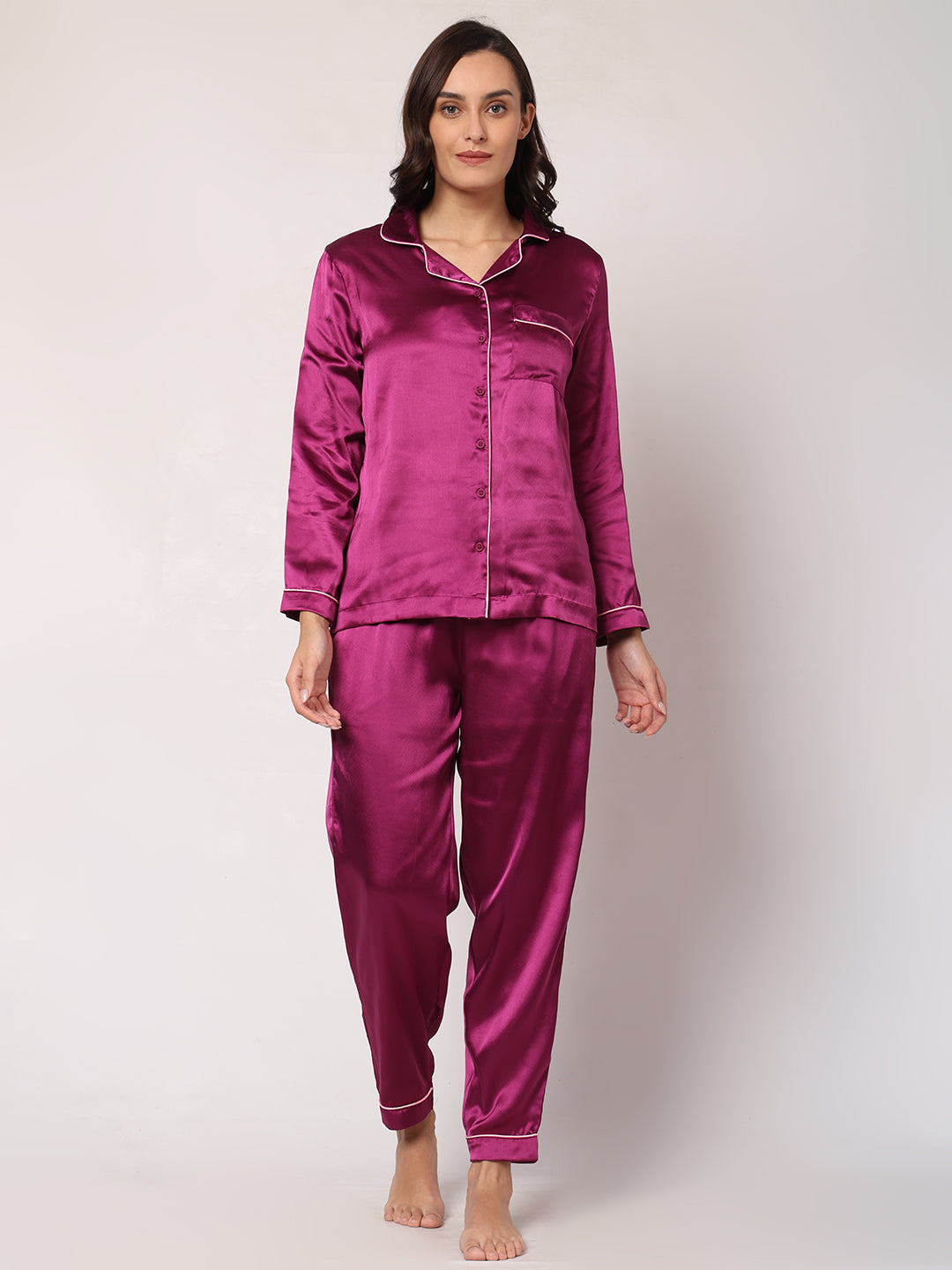 GOCHIKKO Women's Satin Plain Color Night Suit Set of Shirt & Pyjama Pack of 1(PURPLE)