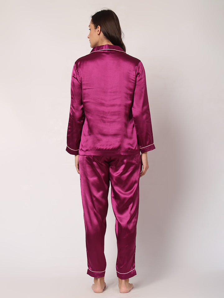 GOCHIKKO Women's Satin Plain Color Night Suit Set of Shirt & Pyjama Pack of 1(PURPLE)