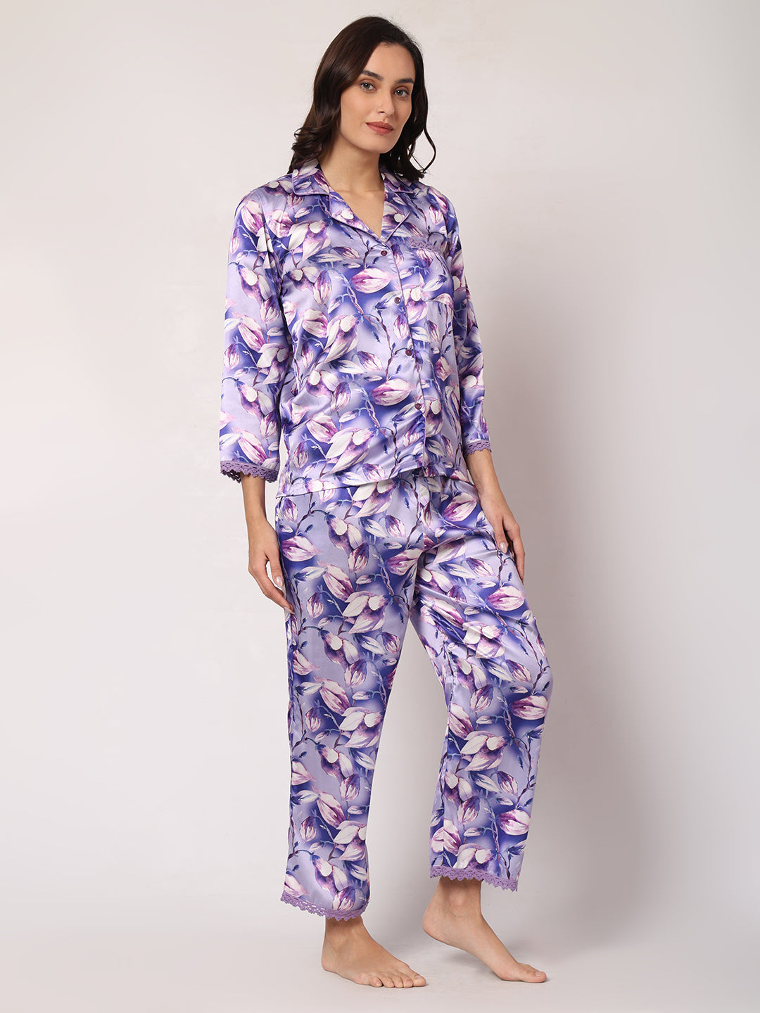 GOCHIKKO Women's Satin Printed Color Night Suit Set of Shirt & Pyjama Pack of 1(Purple Haze Printed)