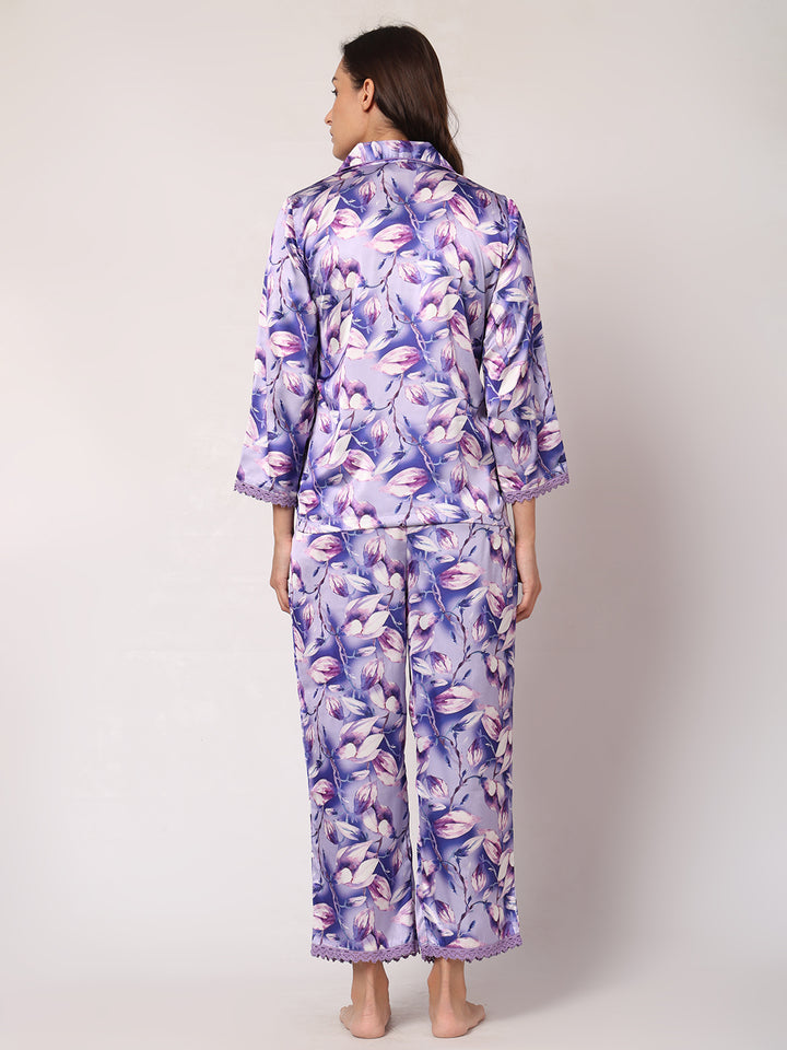 GOCHIKKO Women's Satin Printed Color Night Suit Set of Shirt & Pyjama Pack of 1(Purple Haze Printed)