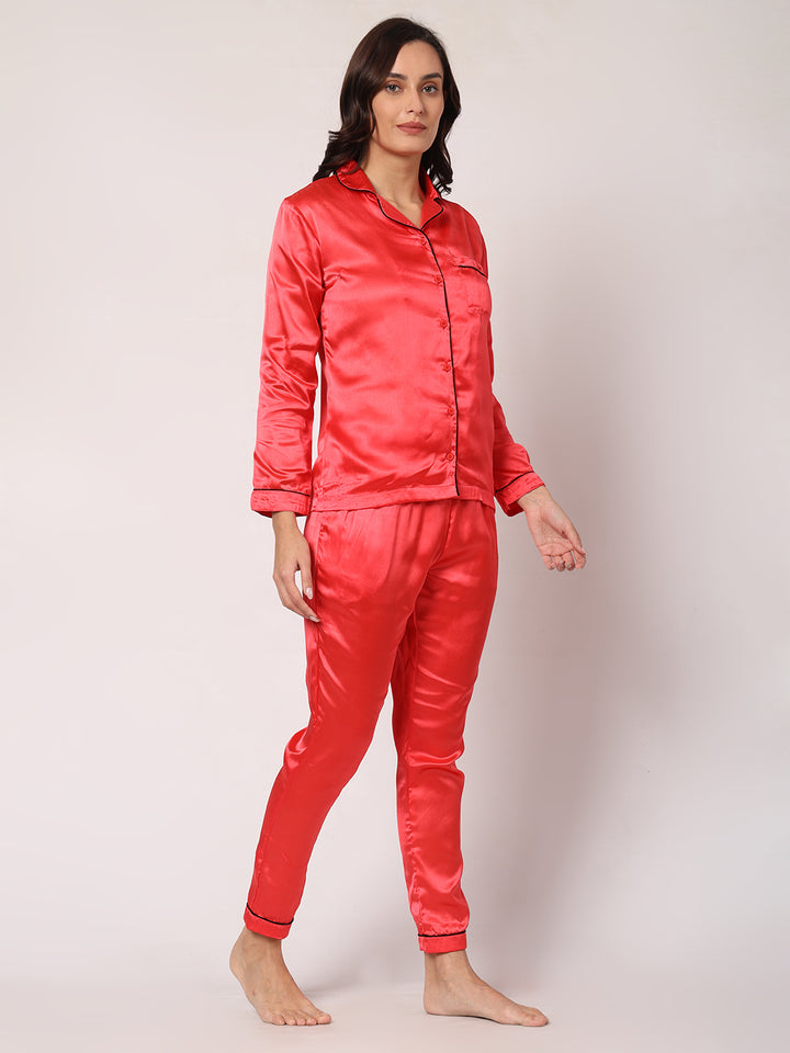 GOCHIKKO Women's Satin Plain Color Night Suit Set of Shirt & Pyjama Pack of 1(Red Plain)