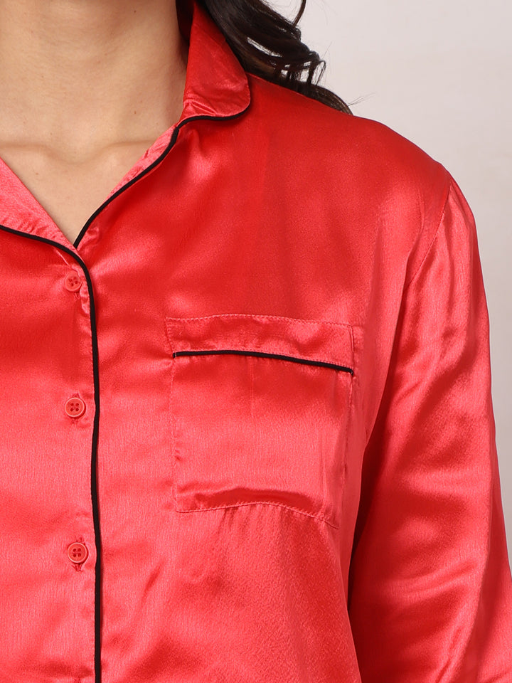 GOCHIKKO Women's Satin Plain Color Night Suit Set of Shirt & Pyjama Pack of 1(Red Plain)
