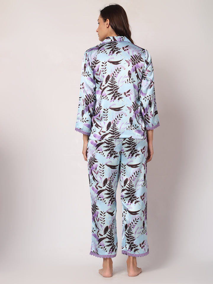 GOCHIKKO Women's Satin Printed Color Night Suit Set of Shirt & Pyjama Pack of 1(Pale Aqua Printed)