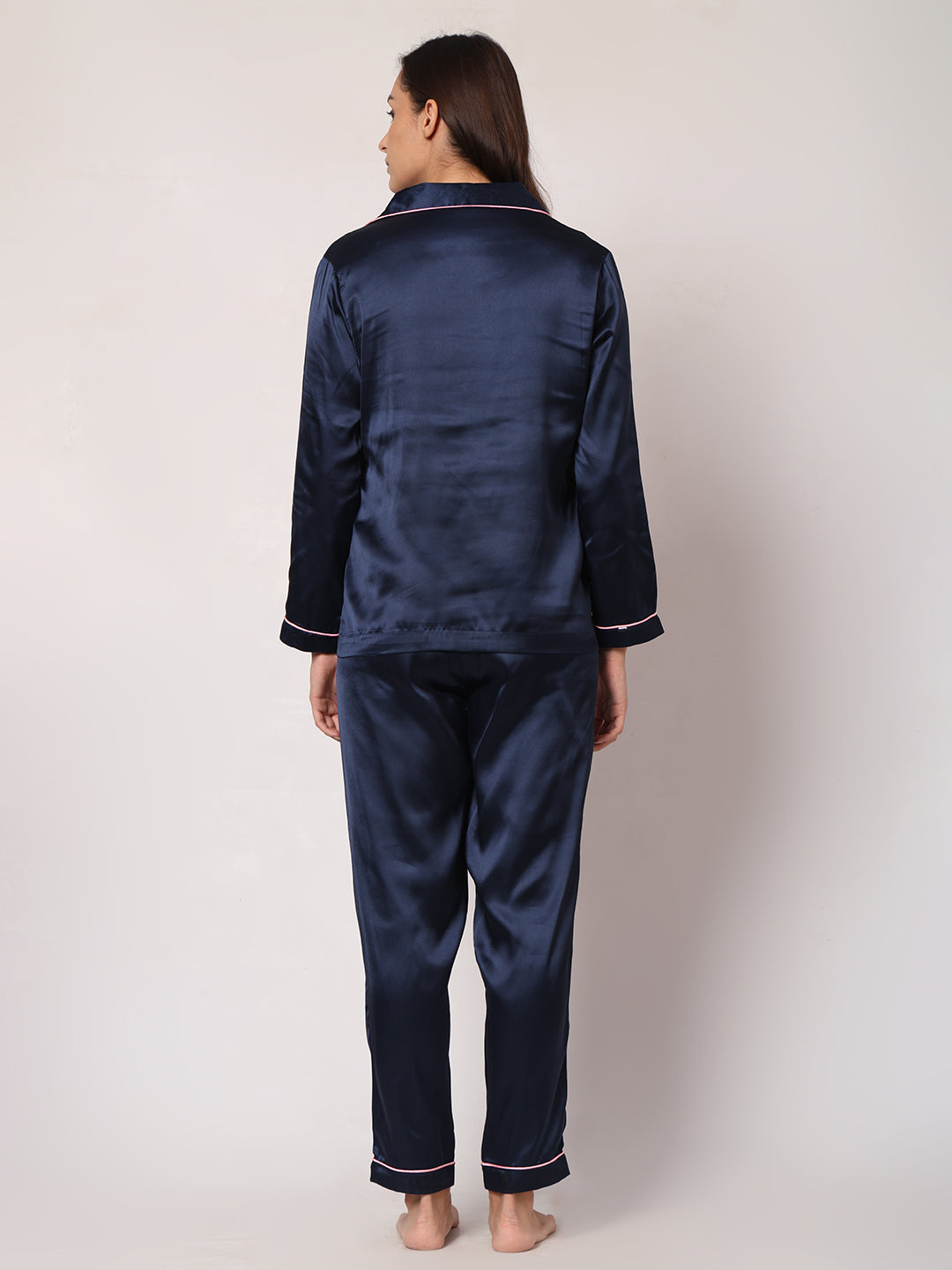 GOCHIKKO Women's Satin Plain Color Night Suit Set of Shirt & Pyjama Pack of 1(NAVY BLUE)