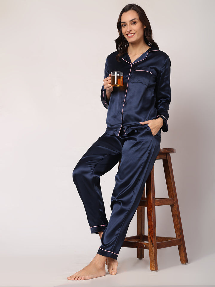 GOCHIKKO Women's Satin Plain Color Night Suit Set of Shirt & Pyjama Pack of 1(NAVY BLUE)