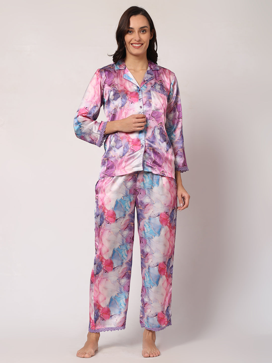 GOCHIKKO Women's Satin Printed Color Night Suit Set of Shirt & Pyjama Pack of 1(Wisteria Purple printed)