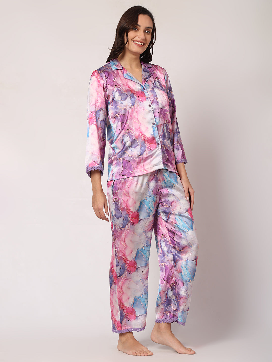 GOCHIKKO Women's Satin Printed Color Night Suit Set of Shirt & Pyjama Pack of 1(Wisteria Purple printed)