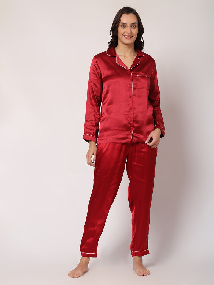 GOCHIKKO Women's Satin Plain Color Night Suit Set of Shirt & Pyjama Pack of 1(MAROON)