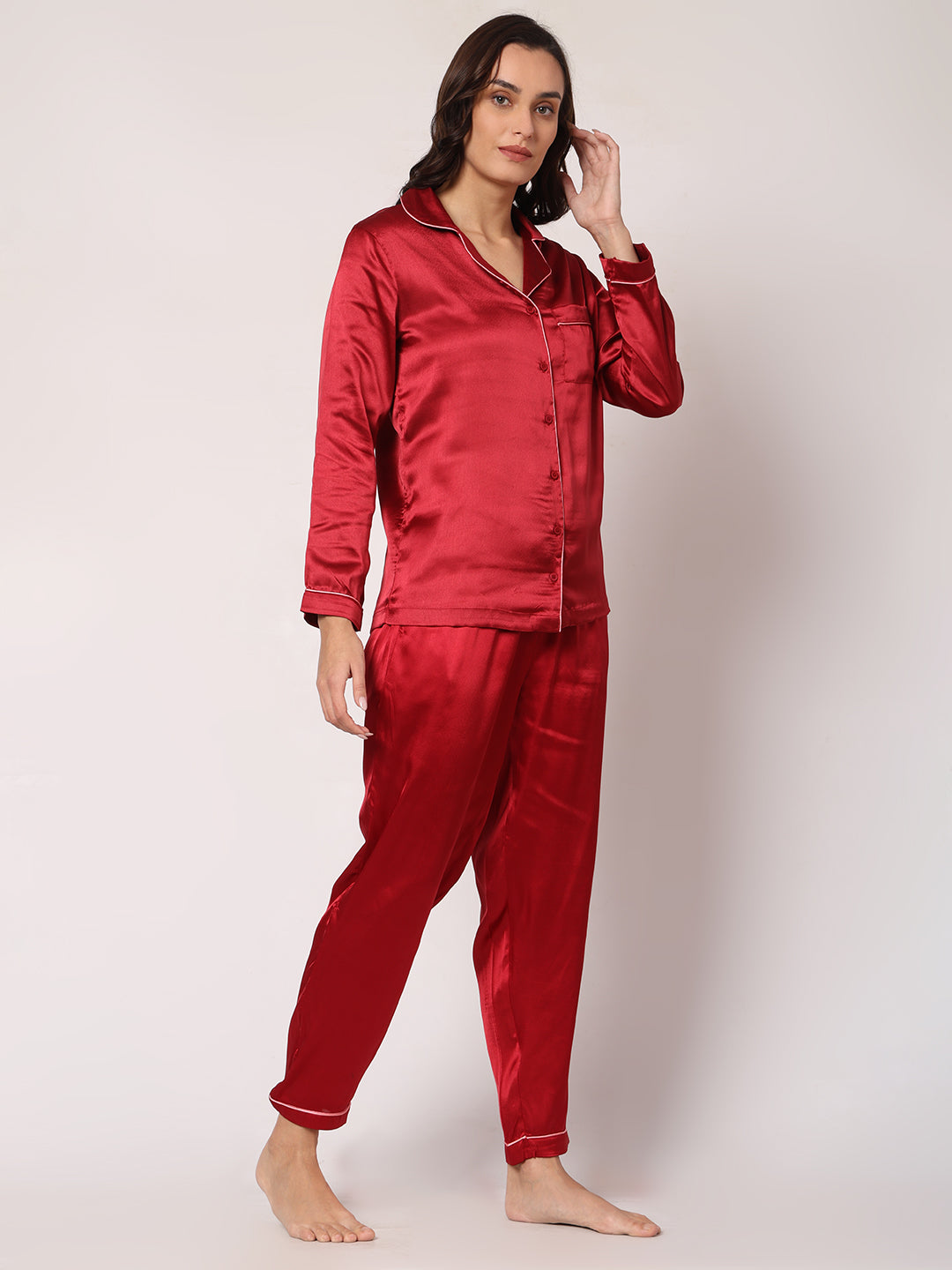 GOCHIKKO Women's Satin Plain Color Night Suit Set of Shirt & Pyjama Pack of 1(MAROON)