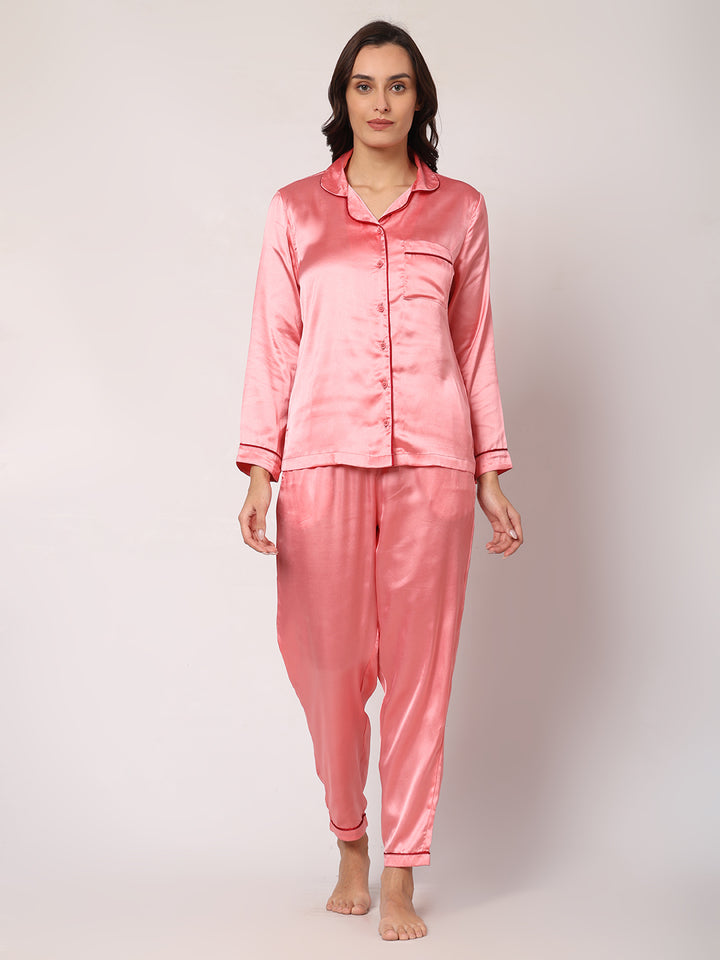 GOCHIKKO Women's Satin Plain Color Night Suit Set of Shirt & Pyjama Pack of 1(PEACH)