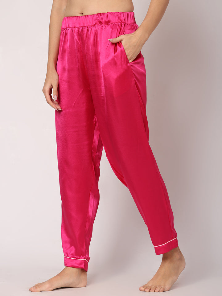 GOCHIKKO Women's Satin Plain Color Night Suit Set of Shirt & Pyjama Pack of 1(PINK)