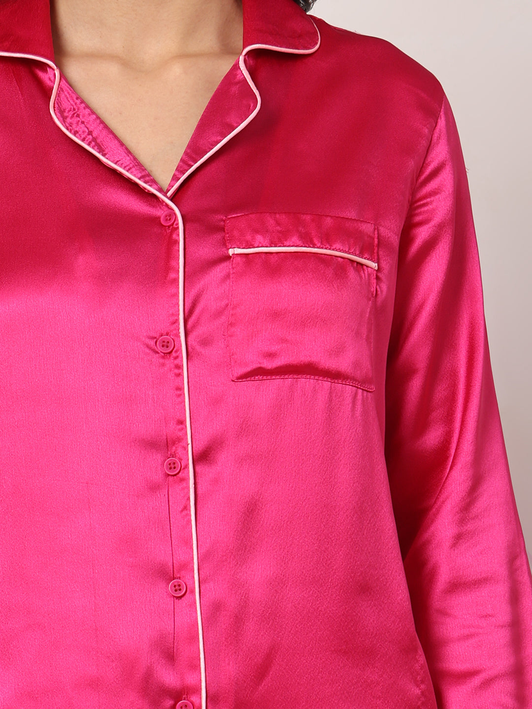 GOCHIKKO Women's Satin Plain Color Night Suit Set of Shirt & Pyjama Pack of 1(PINK)