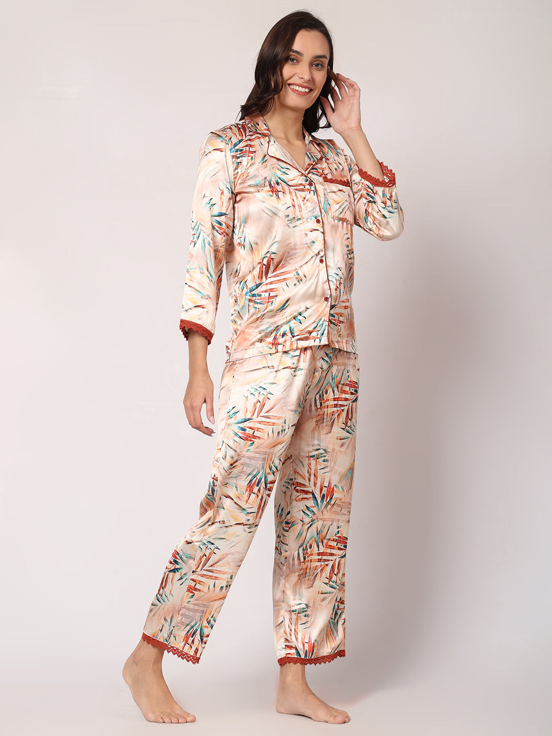 GOCHIKKO Women's Satin Printed Color Night Suit Set of Shirt & Pyjama Pack of 1( Dairy Cream printed)