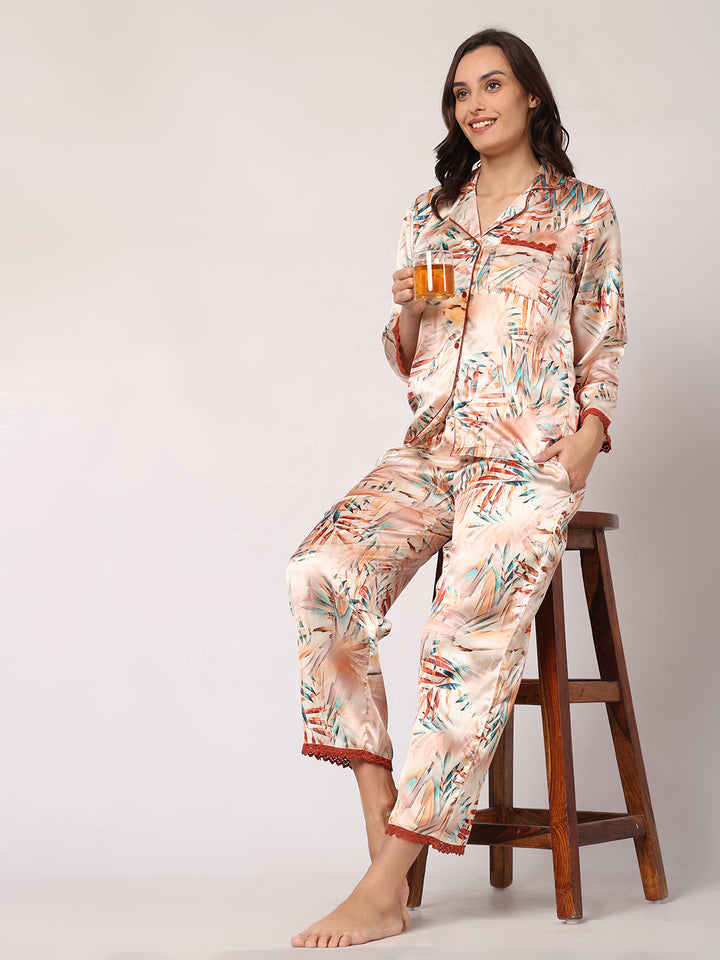 GOCHIKKO Women's Satin Printed Color Night Suit Set of Shirt & Pyjama Pack of 1( Dairy Cream printed)