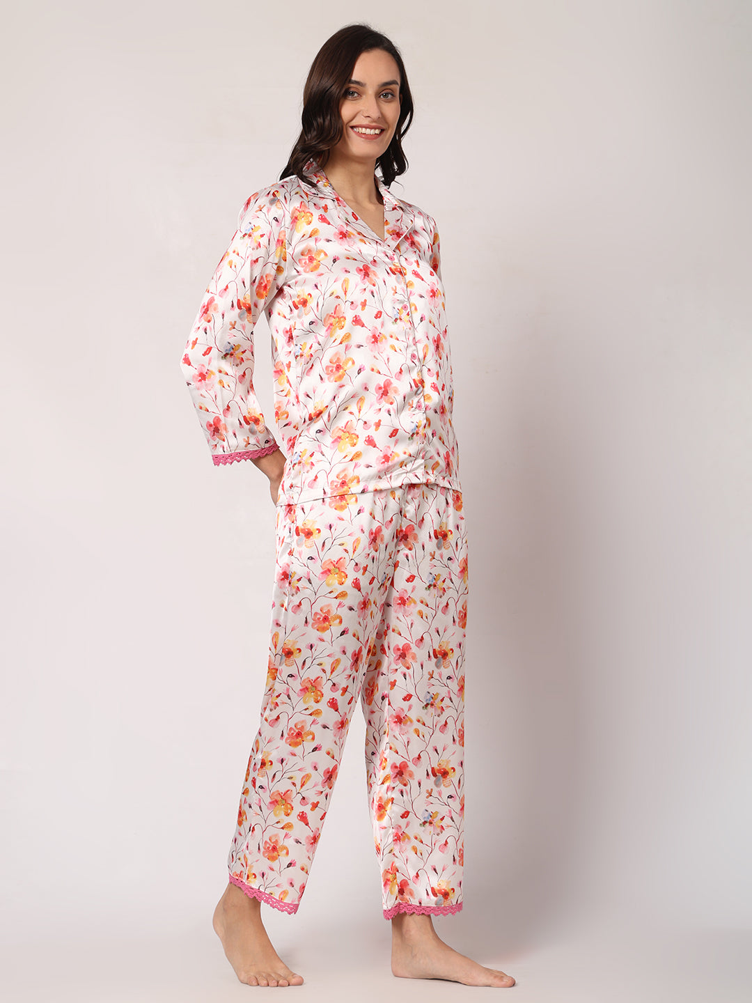 GOCHIKKO Women's Satin Printed Color Night Suit Set of Shirt & Pyjama Pack of 1( Light Rose)