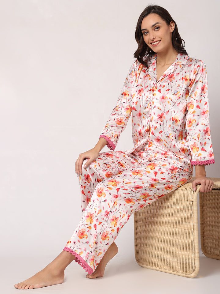 GOCHIKKO Women's Satin Printed Color Night Suit Set of Shirt & Pyjama Pack of 1( Light Rose)