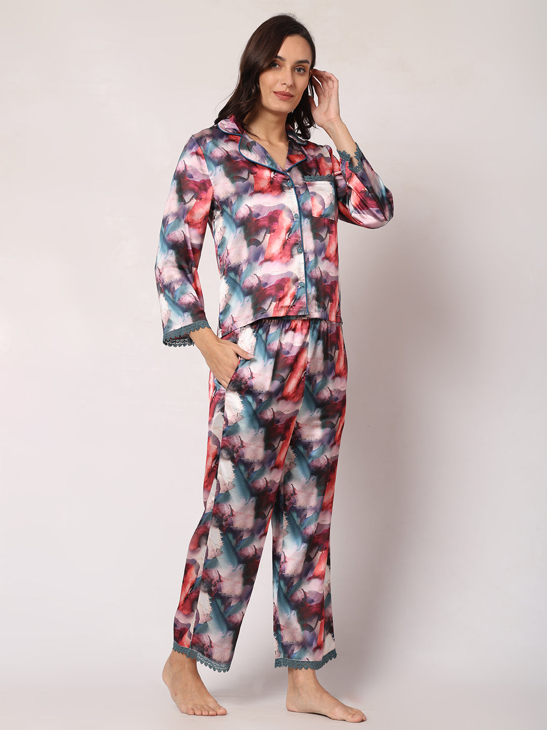 GOCHIKKO Women's Satin Printed Color Night Suit Set of Shirt & Pyjama Pack of 1(Slate Printed)