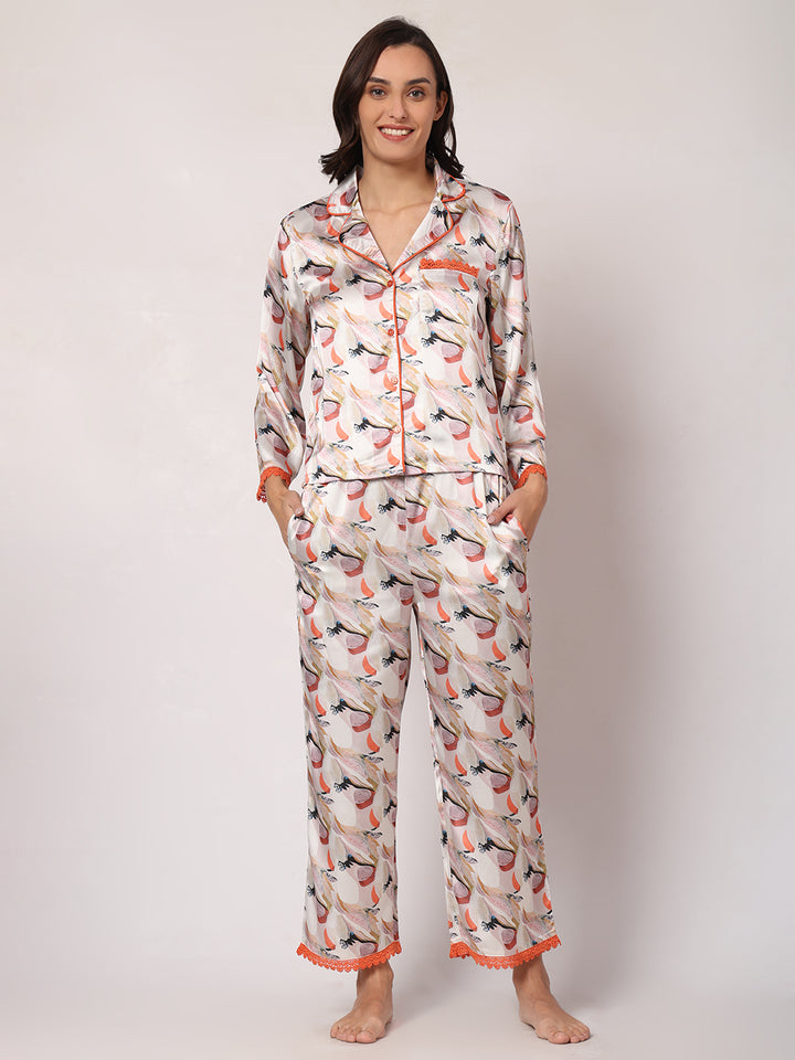 GOCHIKKO Women's Satin Printed Color Night Suit Set of Shirt & Pyjama Pack of 1(Copper Rust printed)