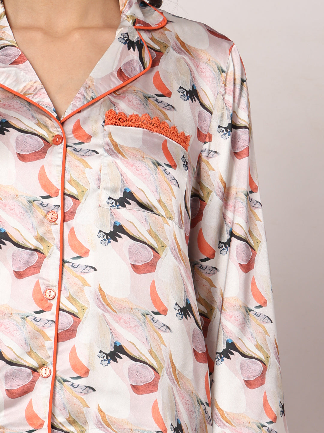 GOCHIKKO Women's Satin Printed Color Night Suit Set of Shirt & Pyjama Pack of 1(Copper Rust printed)