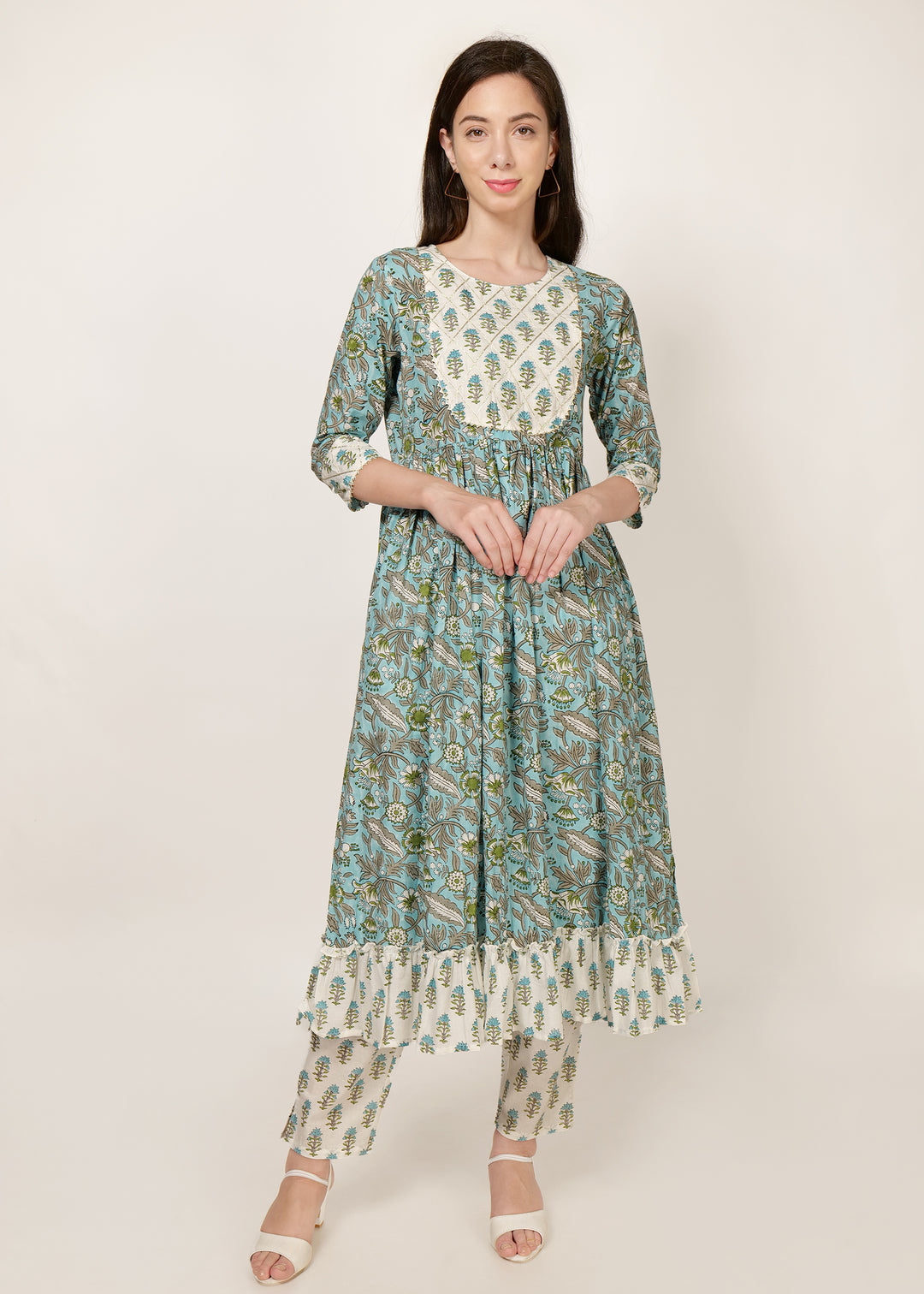 Women blue green with silver border line 3 piece cotton salwar suit set