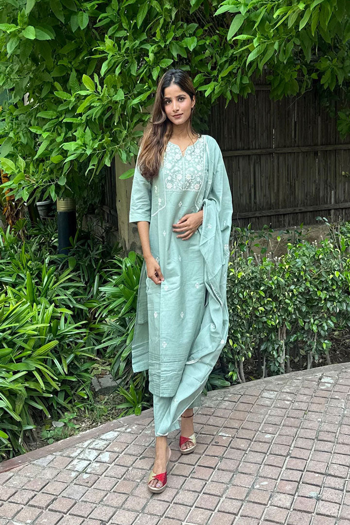 Women Grey Cotton Kurta, Pant And Dupatta Set 2