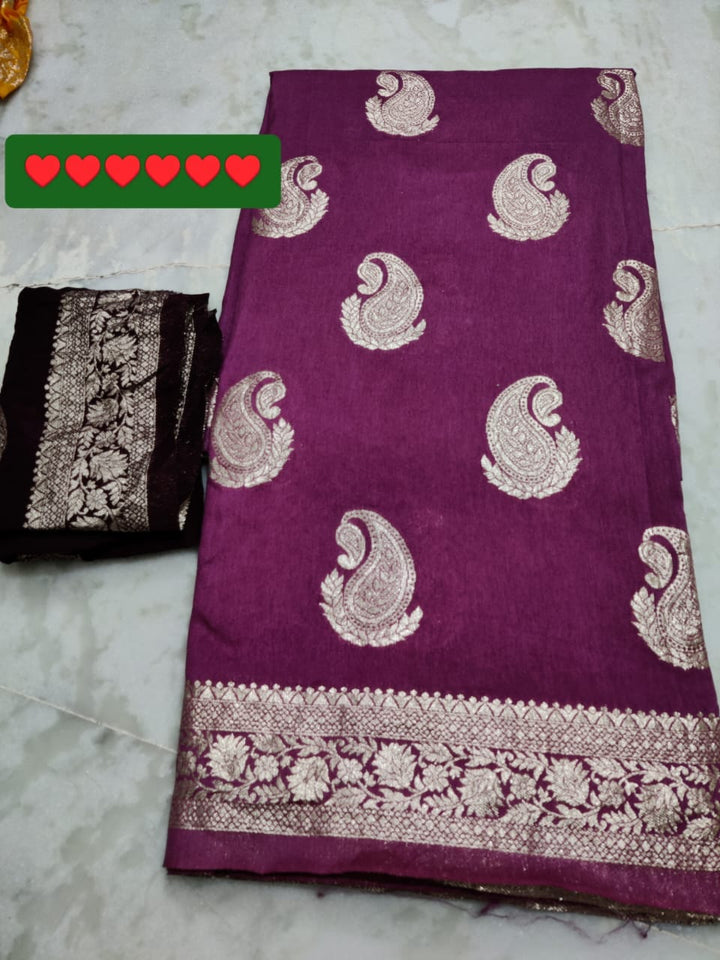 Dhola silk with beautiful rose zari waiving saree with contrast blouse