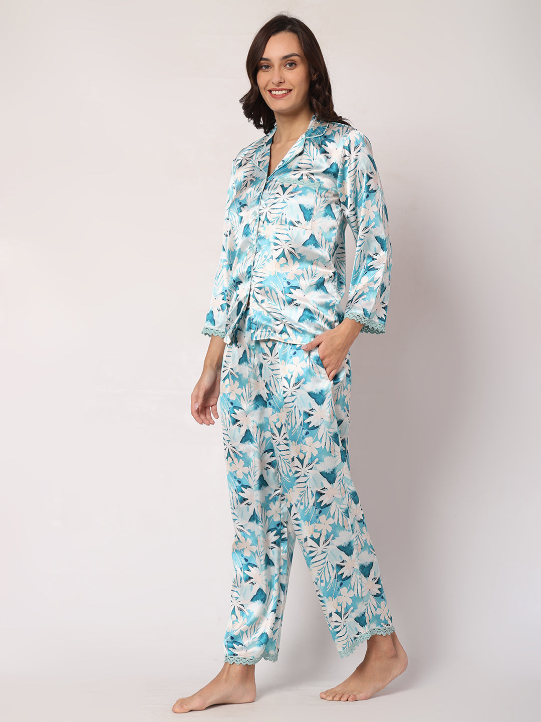 GOCHIKKO Women's Satin Printed Color Night Suit Set of Shirt & Pyjama Pack of 1(Macaw Blue Printed)