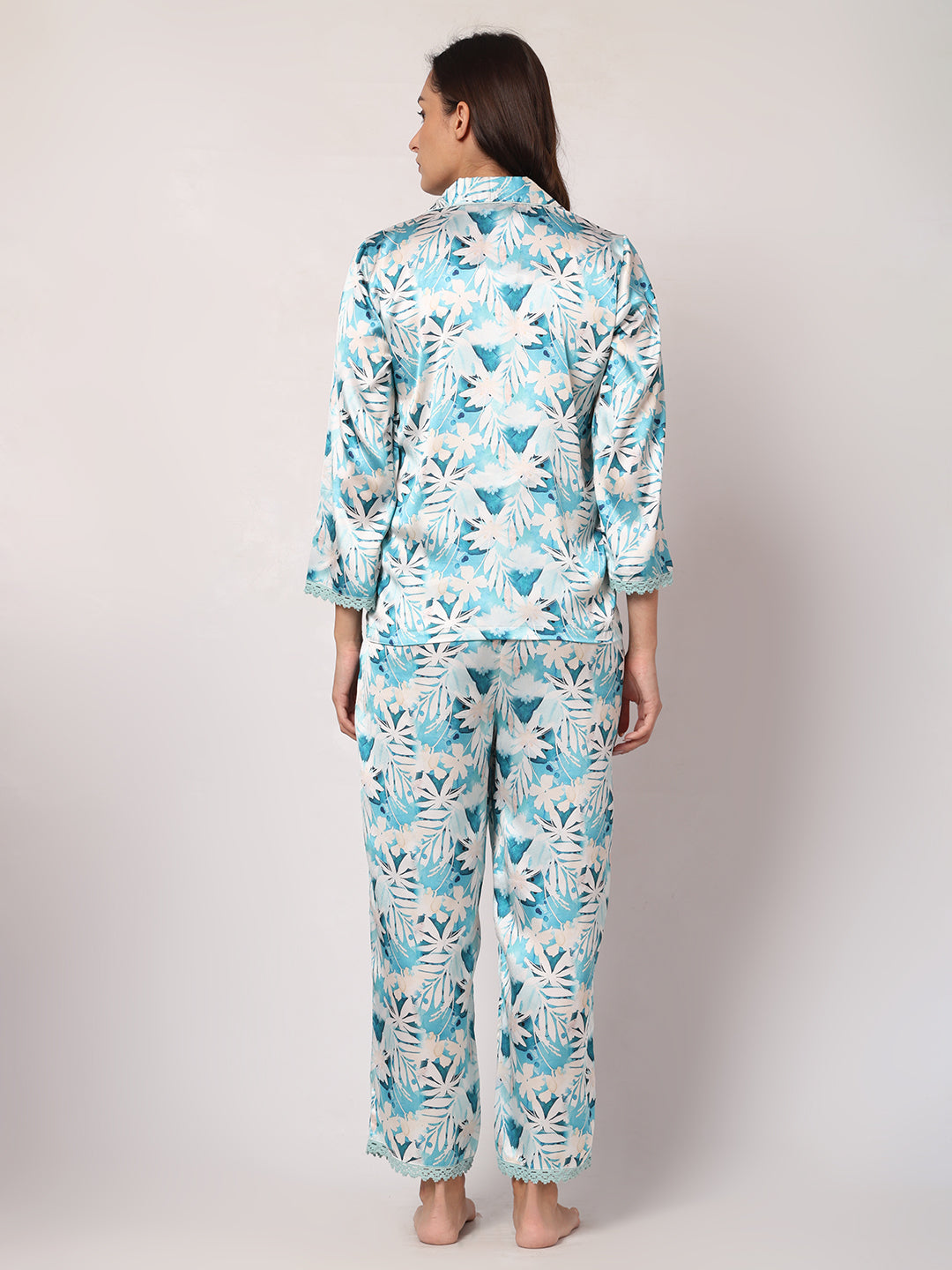GOCHIKKO Women's Satin Printed Color Night Suit Set of Shirt & Pyjama Pack of 1(Macaw Blue Printed)