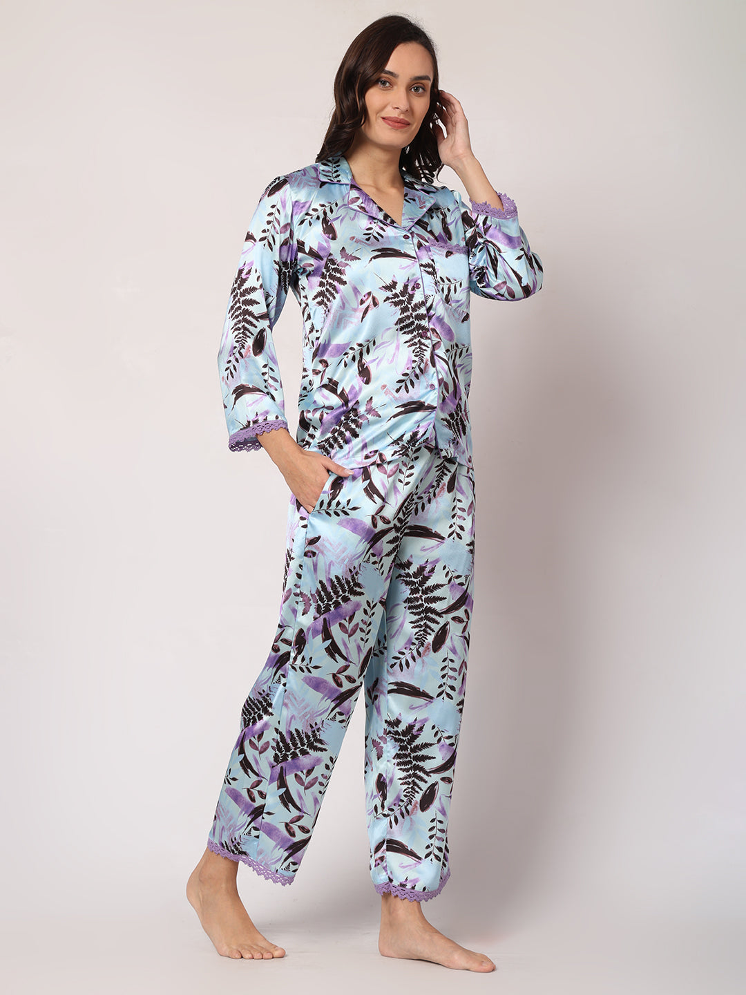 GOCHIKKO Women's Satin Printed Color Night Suit Set of Shirt & Pyjama Pack of 1(Pale Aqua Printed)