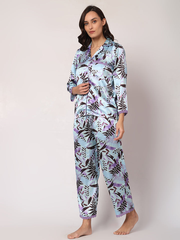 GOCHIKKO Women's Satin Printed Color Night Suit Set of Shirt & Pyjama Pack of 1(Pale Aqua Printed)