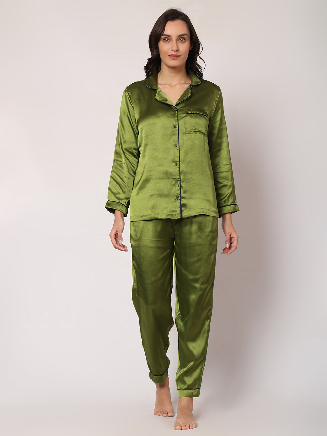 GOCHIKKO Women's Satin Plain Color Night Suit Set of Shirt & Pyjama Pack of 1(OLIVE GREEN)