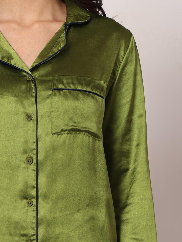 GOCHIKKO Women's Satin Plain Color Night Suit Set of Shirt & Pyjama Pack of 1(OLIVE GREEN)