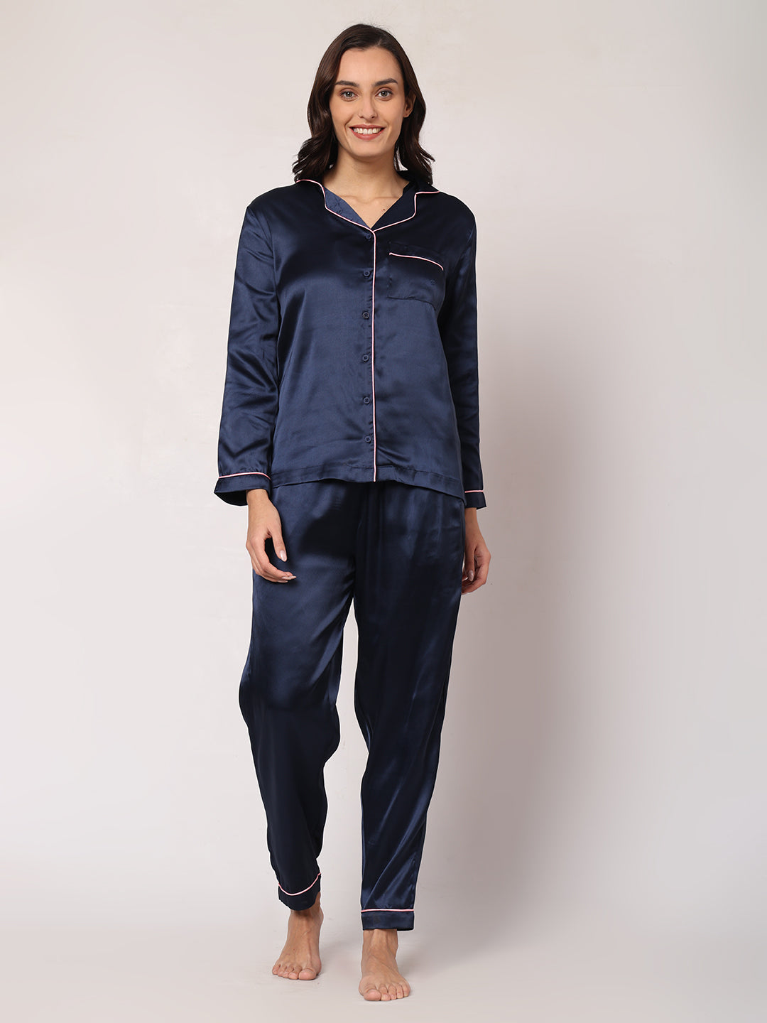 GOCHIKKO Women's Satin Plain Color Night Suit Set of Shirt & Pyjama Pack of 1(NAVY BLUE)