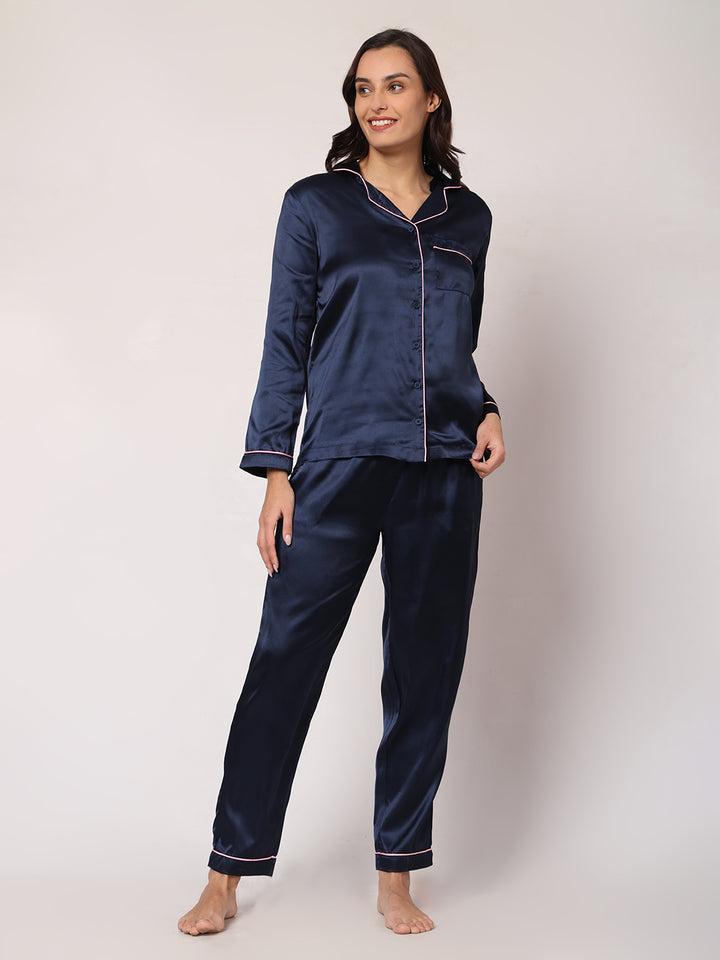 GOCHIKKO Women's Satin Plain Color Night Suit Set of Shirt & Pyjama Pack of 1(NAVY BLUE)