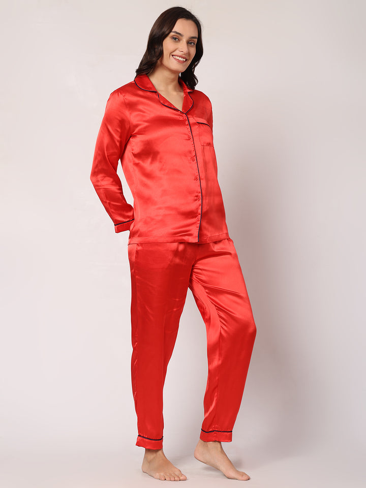 GOCHIKKO Women's Satin Plain Color Night Suit Set of Shirt & Pyjama Pack of 1(LIGHT RED)