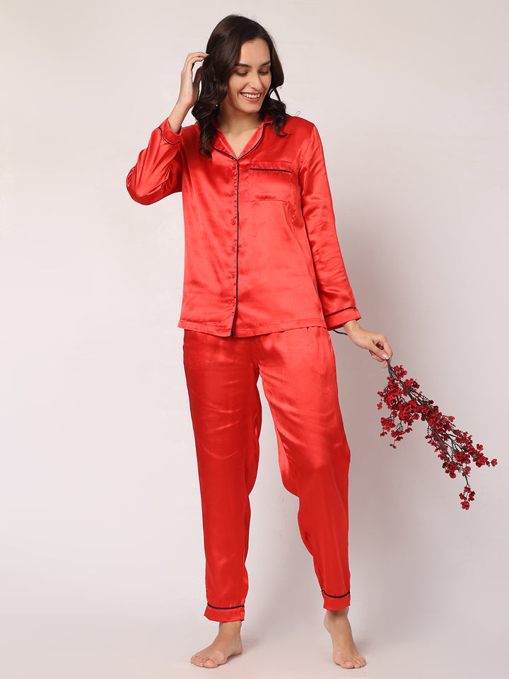 GOCHIKKO Women's Satin Plain Color Night Suit Set of Shirt & Pyjama Pack of 1(LIGHT RED)