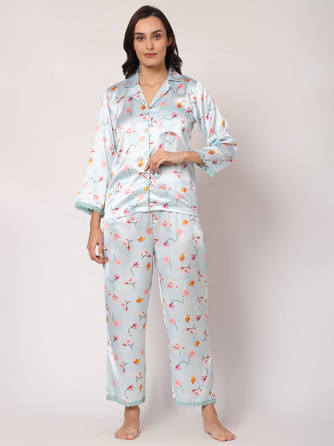 GOCHIKKO Women's Satin Printed Color Night Suit Set of Shirt & Pyjama Pack of 1(Silver Printed)