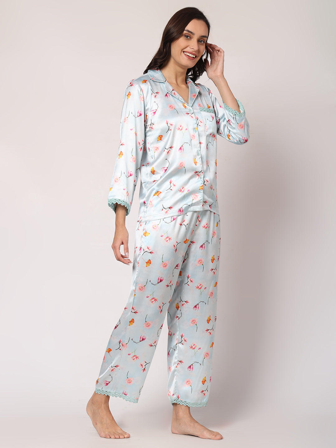 GOCHIKKO Women's Satin Printed Color Night Suit Set of Shirt & Pyjama Pack of 1(Silver Printed)