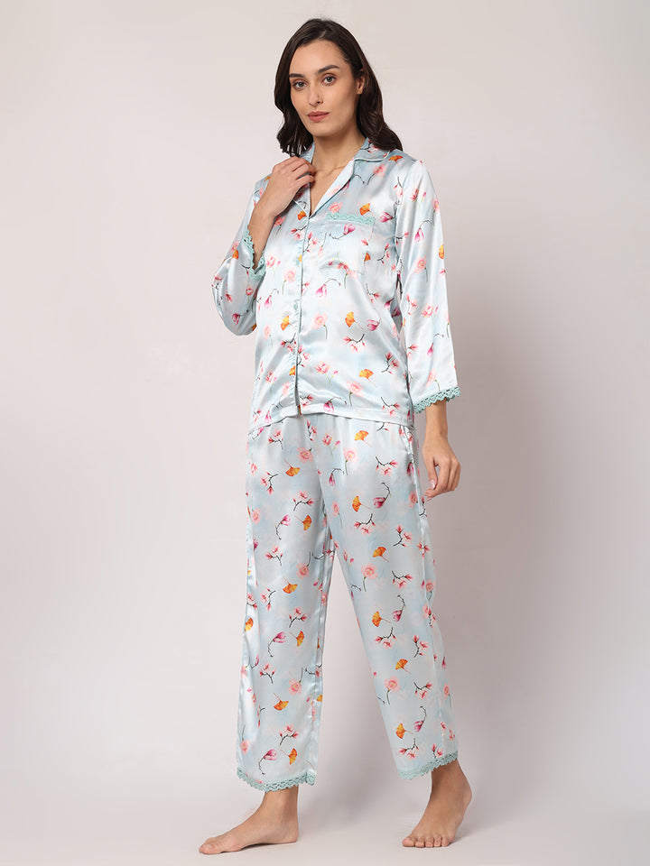 GOCHIKKO Women's Satin Printed Color Night Suit Set of Shirt & Pyjama Pack of 1(Silver Printed)