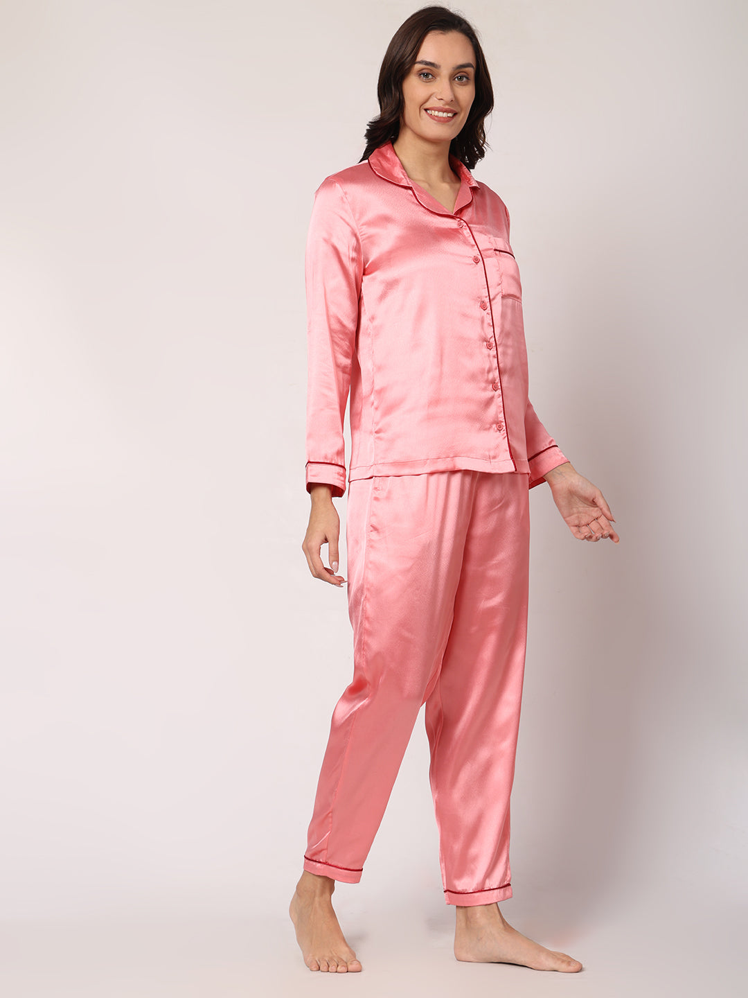 GOCHIKKO Women's Satin Plain Color Night Suit Set of Shirt & Pyjama Pack of 1(PEACH)