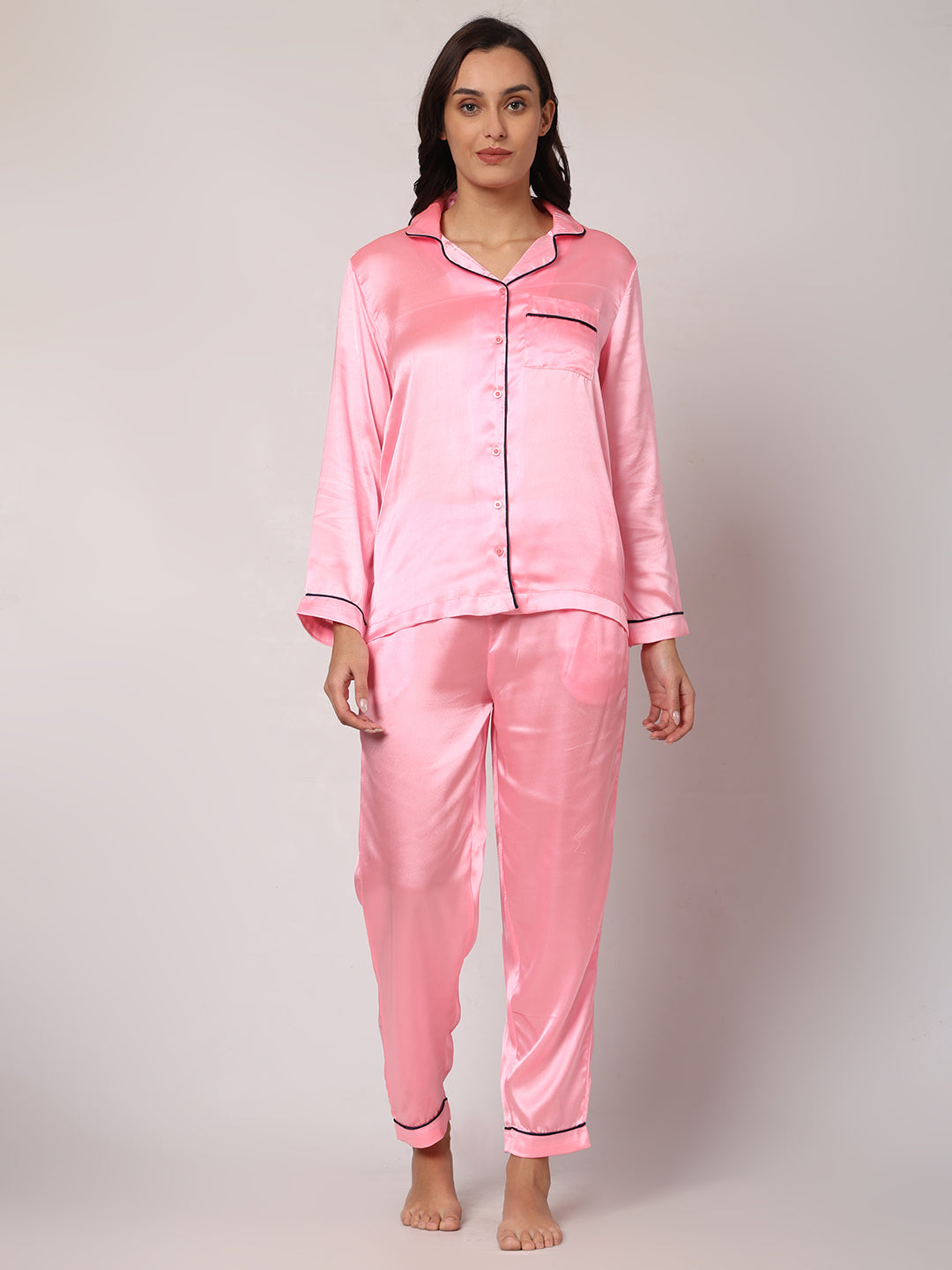 GOCHIKKO Women's Satin Plain Color Night Suit Set of Shirt & Pyjama Pack of 1(LIGHT PINK)