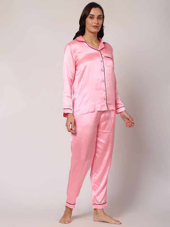 GOCHIKKO Women's Satin Plain Color Night Suit Set of Shirt & Pyjama Pack of 1(LIGHT PINK)