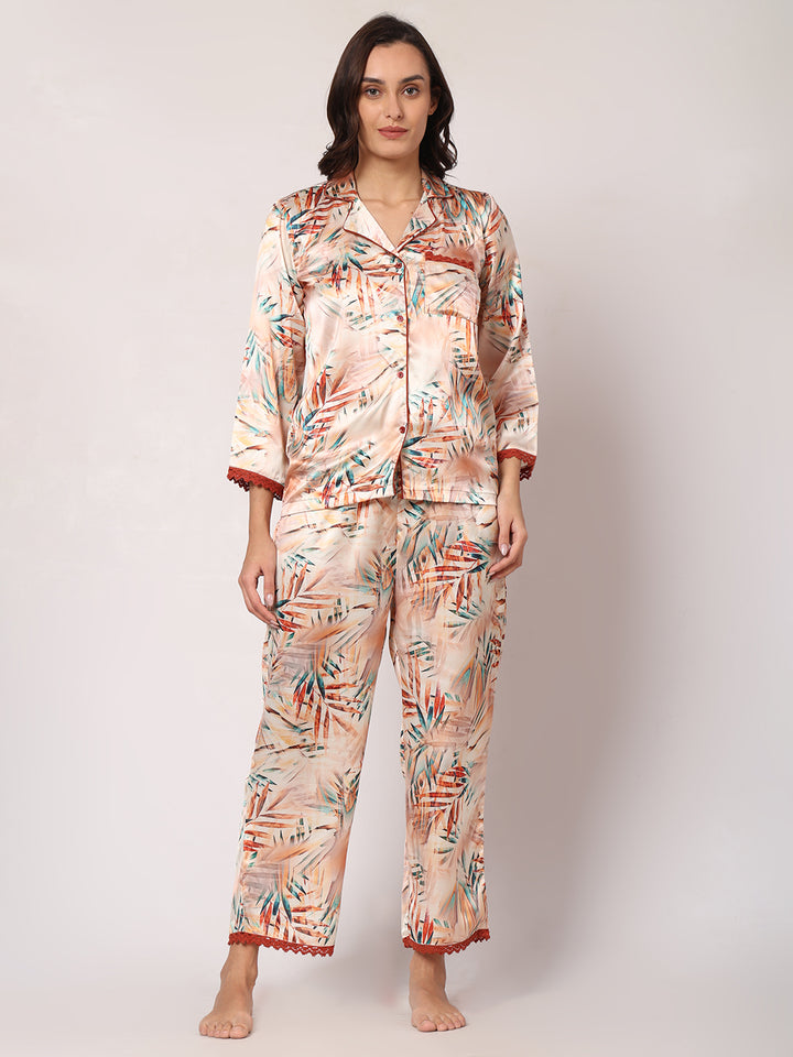 GOCHIKKO Women's Satin Printed Color Night Suit Set of Shirt & Pyjama Pack of 1( Dairy Cream printed)