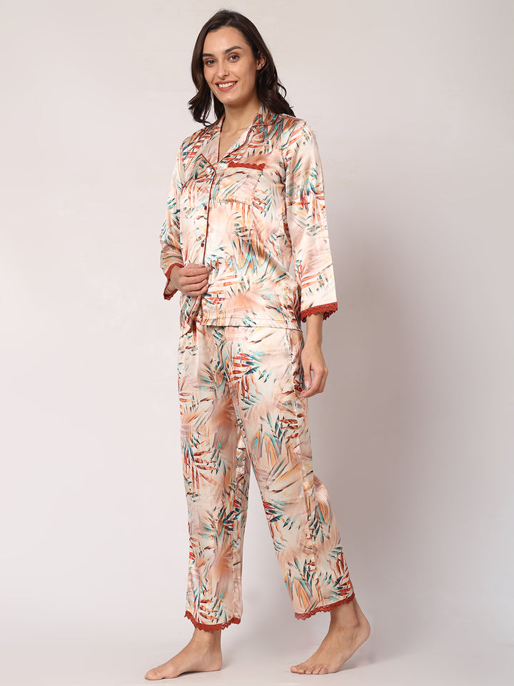 GOCHIKKO Women's Satin Printed Color Night Suit Set of Shirt & Pyjama Pack of 1( Dairy Cream printed)