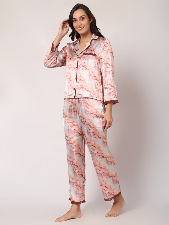 GOCHIKKO Women's Satin Printed Color Night Suit Set of Shirt & Pyjama Pack of 1(Purple Brown Printed)