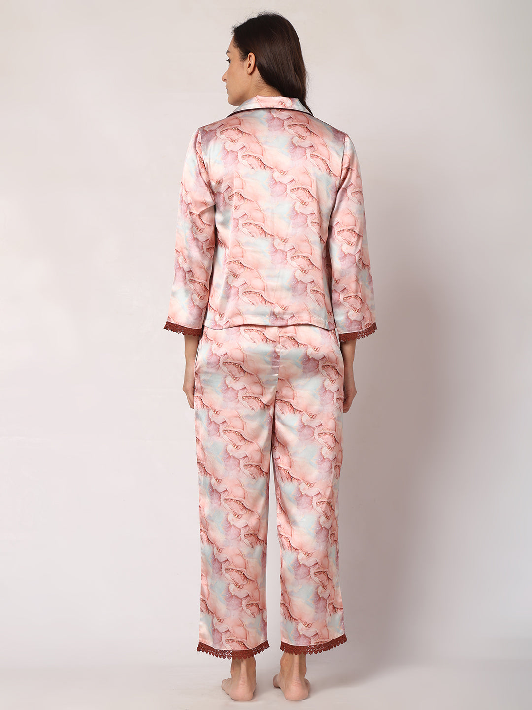 GOCHIKKO Women's Satin Printed Color Night Suit Set of Shirt & Pyjama Pack of 1(Purple Brown Printed)