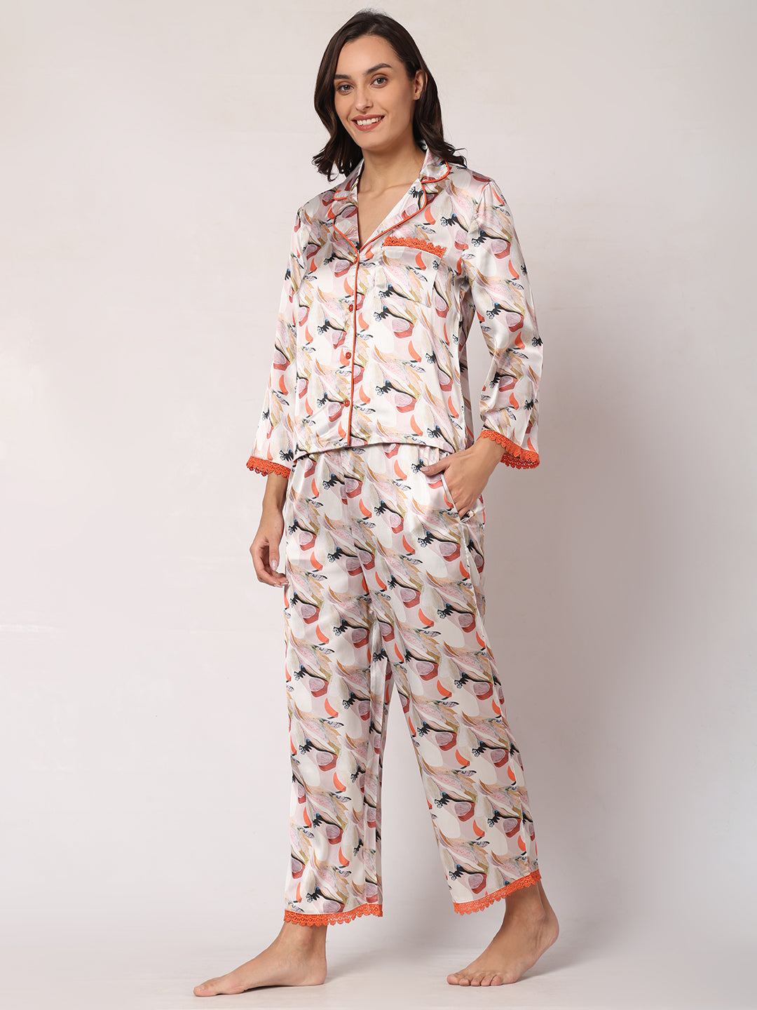 GOCHIKKO Women's Satin Printed Color Night Suit Set of Shirt & Pyjama Pack of 1(Copper Rust printed)