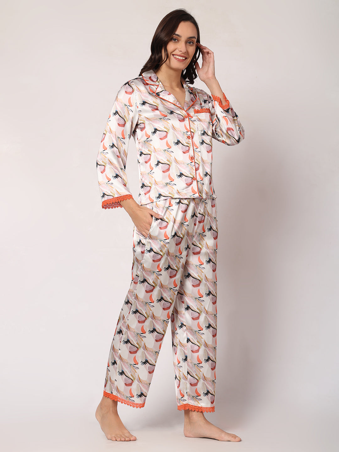 GOCHIKKO Women's Satin Printed Color Night Suit Set of Shirt & Pyjama Pack of 1(Copper Rust printed)