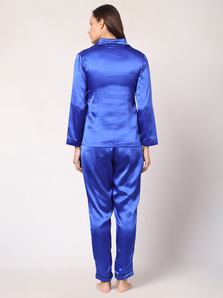 GOCHIKKO Women's Satin Plain Color Night Suit Set of Shirt & Pyjama Pack of 1(DARK BLUE)