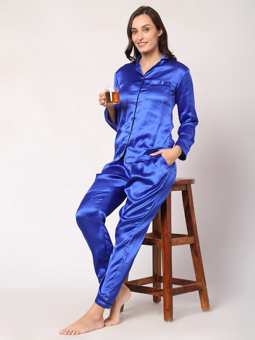 GOCHIKKO Women's Satin Plain Color Night Suit Set of Shirt & Pyjama Pack of 1(DARK BLUE)